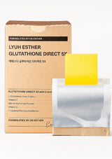 A brown cardboard box labeled 'LYUH ESTHER GLUTATHIONE DIRECT 5X' stands next to a clear plastic sachet containing a bright yellow powder, on a plain white background.