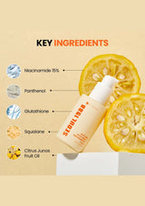 Skincare serum bottle with key ingredients listed on a beige background with lemon slices.