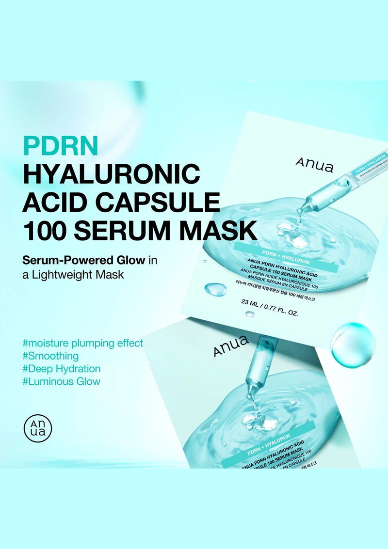 Anua PDRN Hyaluronic Acid Capsule Serum Mask packaging with text on a light blue background