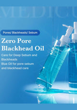 Blue bottle of zero pore blackhead oil with pump on a blue background