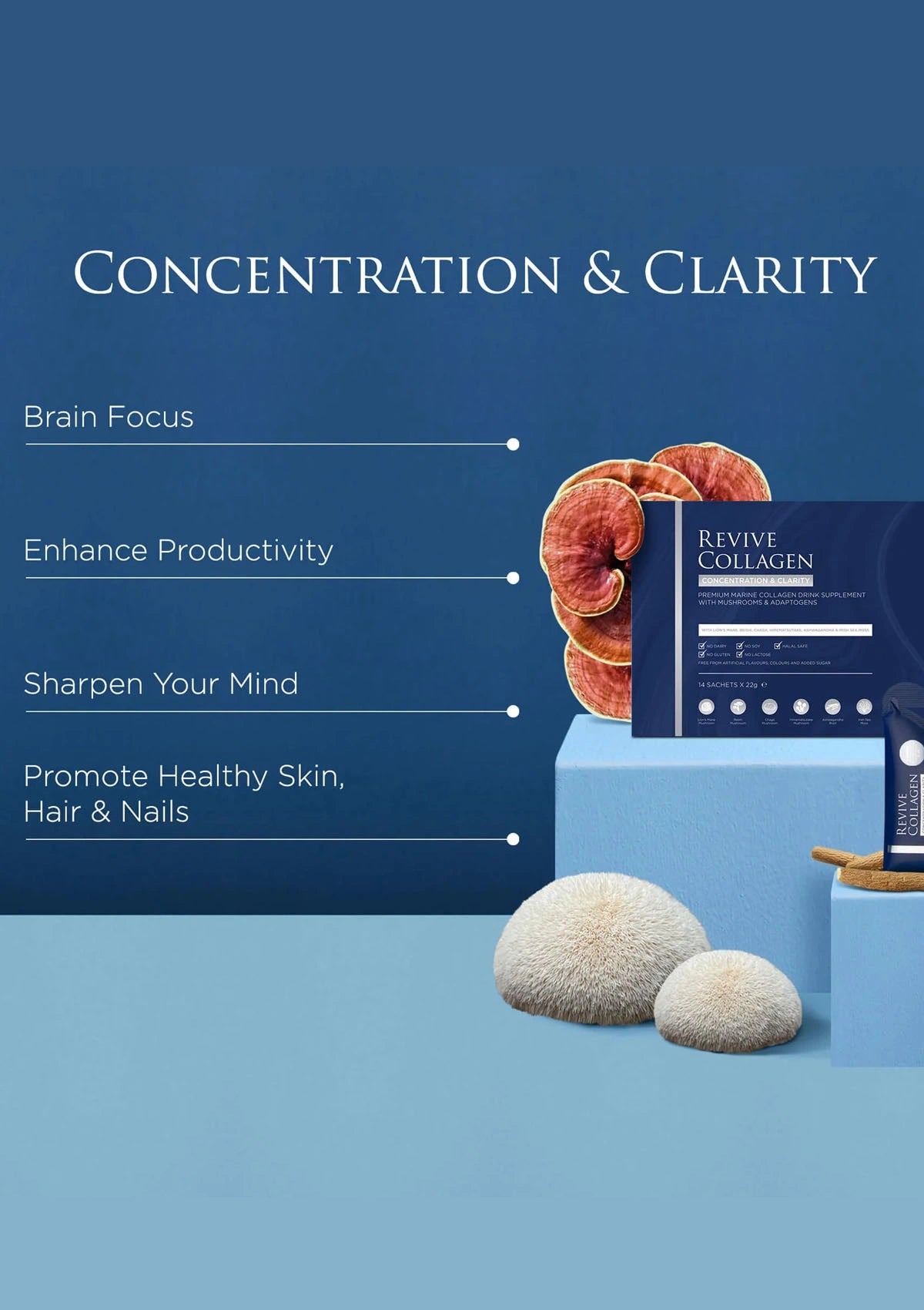 Product packaging with text on concentration and clarity on a blue background