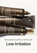 Three tubes of Mediclebe skincare serum on a light gray background with text about retinol benefits.