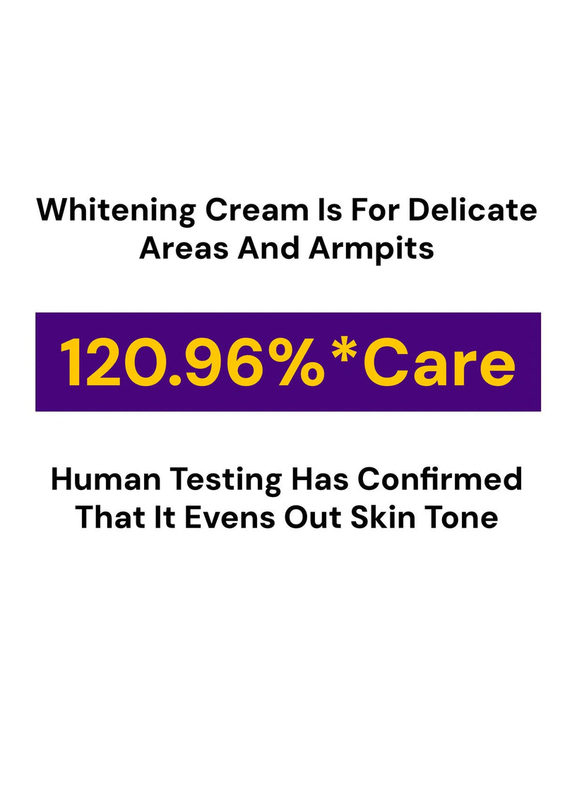 Advertisement for whitening cream with text about its use and benefits on a white background.
