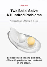 Two cream balls on a white background with promotional text.