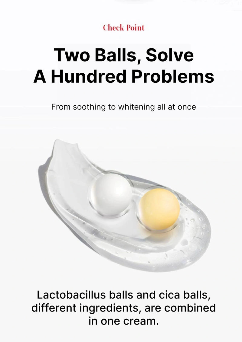 Two cream balls on a white background with promotional text.