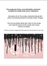Text explaining scalp issues and a close-up of hair with dead skin cells on a pink background.
