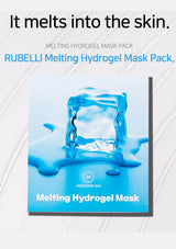 Rubelli Melting Hydrogel Mask Pack with blue hydrogel mask and water droplets on a white background.
