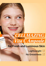 Woman holding a skincare product with 'Cellmazing Vita C Ampoule' text on a beige background