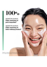 Woman applying a skincare product with text about product effectiveness on a white background