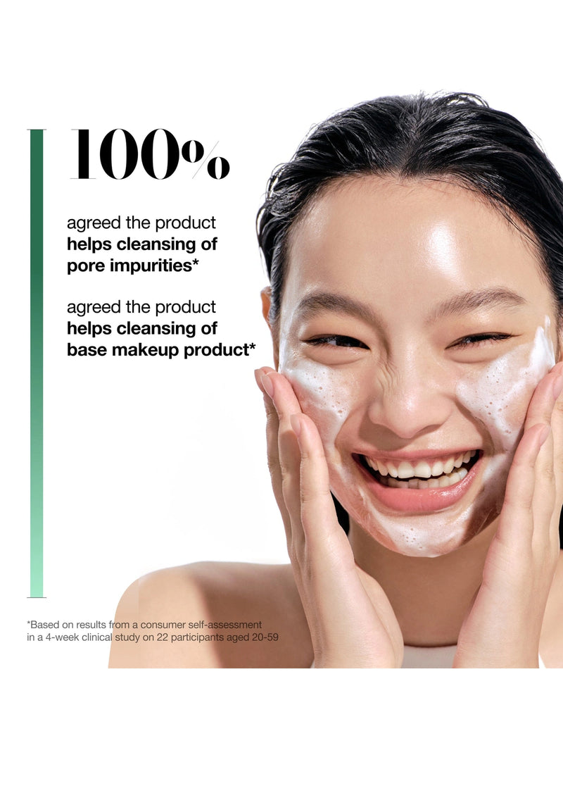 Woman applying a skincare product with text about product effectiveness on a white background