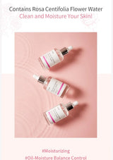 Three skincare droppers on a pink background with text about Rosa Centifolia Flower Water.