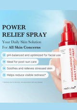 Power Relief Spray for skin concerns with a hand holding the spray bottle on a light blue background.