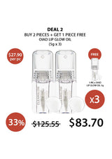 Promotional offer for OIAD lip glow oil with two bottles and a free sample on a white background.