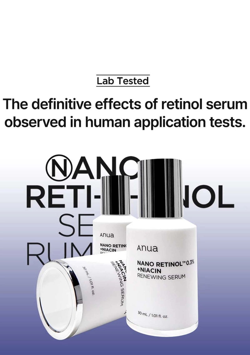 Two bottles of Anua Nano Retinol Serum on a gradient background with text about lab-tested effects.