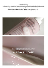 Skincare product packaging with text about wrinkles and care routines.