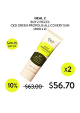 A promotional graphic showing a tube of CKD Green Propolis All-Covery Sun SPF 30 sunscreen. The image includes text offering a deal to buy 2 pieces for $56.