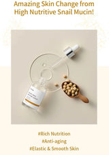 Skincare product with snail mucin on a beige background, featuring text about skin benefits.