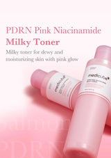 Two bottles of PDRN Pink Niacinamide Milky Toner on a pink background