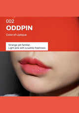 Lipstick swatch on a model's lips with 'ODDPIN' branding and color description.