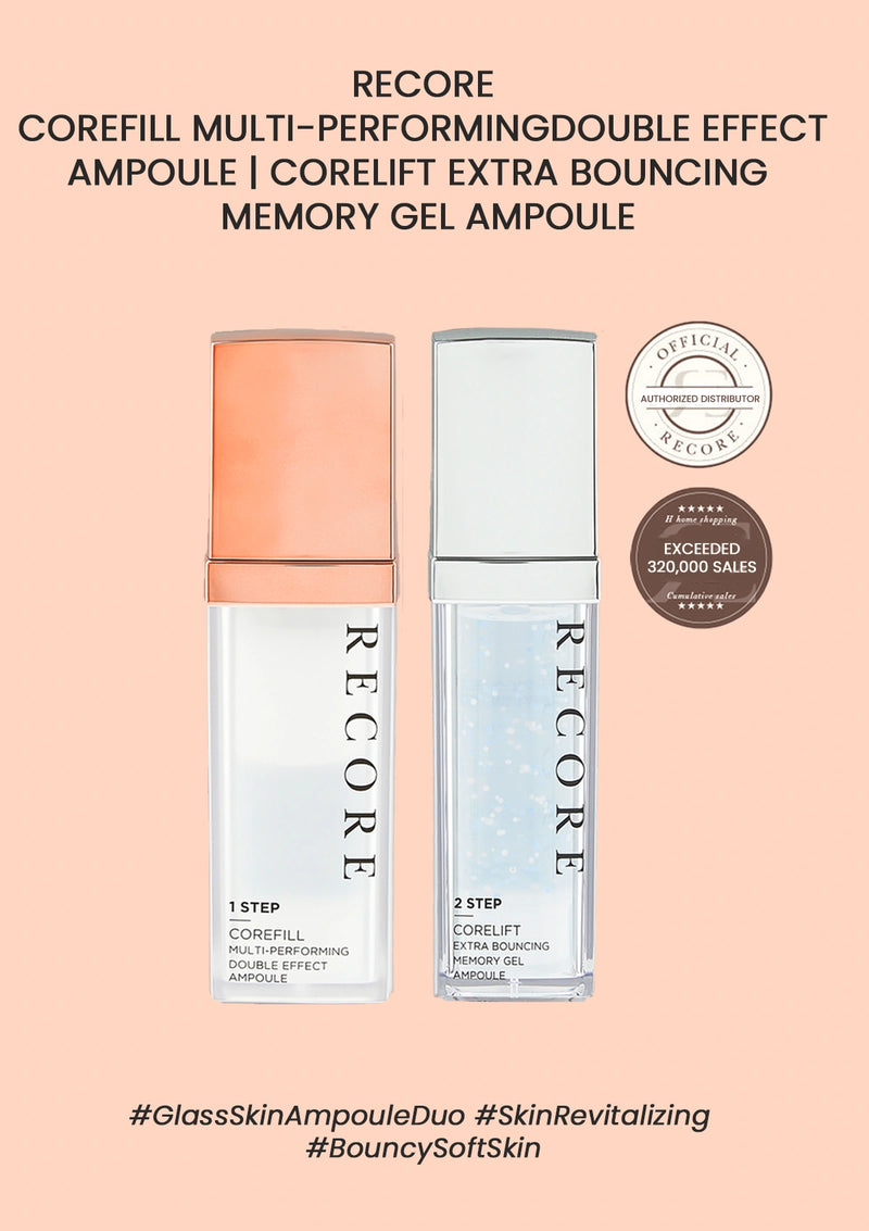Two skincare ampoules with 'RECORE' branding on a peach background, featuring product names and brand logos.
