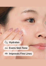 Close-up of a person's face with text highlighting skin care benefits