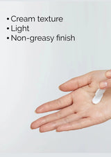Hand applying cream with text describing texture and finish on a light gray background