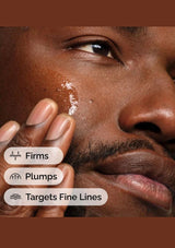 Close-up of a man's face with skincare product application, showing firming, plumping, and fine lines targeting effects.