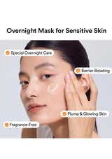A woman with a skincare cream on her cheek is shown against a light gray background with text overlays reading 'Overnight Mask for Sensitive Skin' and feature callouts including 'Special Overnight Care', 'Barrier Boosting', and 'Fragrance-Free'.