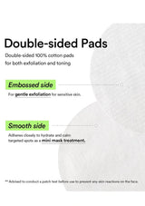 Informational graphic for double-sided cotton pads, showing text about exfoliation and toning, with labels for the embossed side and smooth side on a white background with faint circular texture.