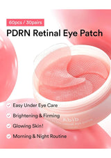 Pink PDRN Retinal Eye Patch jar with a translucent lid and visible pink patches inside, on a pink and white background with text overlays.