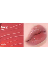 Lipstick swatch labeled 'Drowsy' with a close-up of lips wearing the shade.