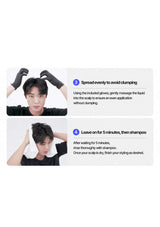 Instructions for using a scalp treatment product with a person wearing gloves and a towel on their head.