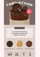 Product packaging for 'Cookie & Cream' flavor with a milkshake and cookie elements.