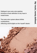 Text about Oddtype's new mute color palettes with a close-up of makeup powder.