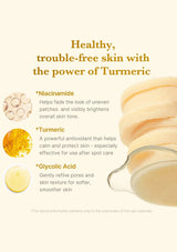 Cosmetic product with text about using turmeric for healthy skin on a light background