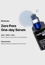 Medicube Zero Pore One-day Serum bottle with product details on a light gray background