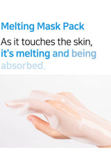 Hand applying a melting mask pack with text describing its absorption process.