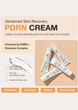 Advertisement for Advanced Skin Recovery PDRN Cream with product packaging and benefits listed.