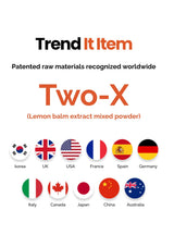 Advertisement for Trend It Item's Two-X lemon balm extract mixed powder with international flags below.