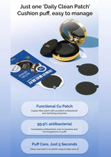 Daily Clean Patch cushion puff with packaging and text on a light blue background