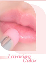 Close-up of a lip with pink lipstick application, text 'Layering Color' at the bottom. Set of lip balms with a pink background and text describing features.