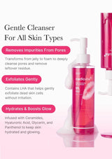 Pink skincare cleanser bottle with text on a white background