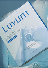 Luvum glacial marine algae gel mask packaging on a blue background