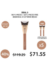 Makeup brush with promotional text and pricing on a white background