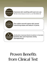 Product packaging with clinical benefits text and icons on a beige background