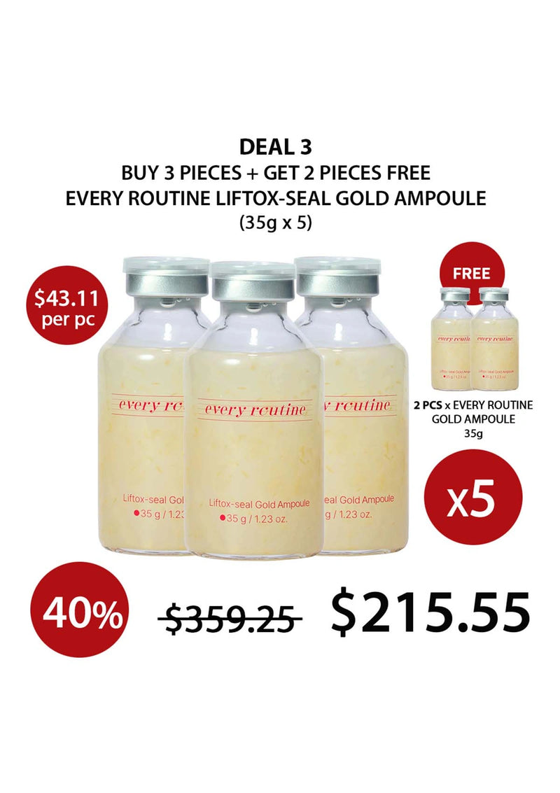 Promotional offer for 'every routine' Liftox Seal Gold Ampoules with pricing and quantity details.