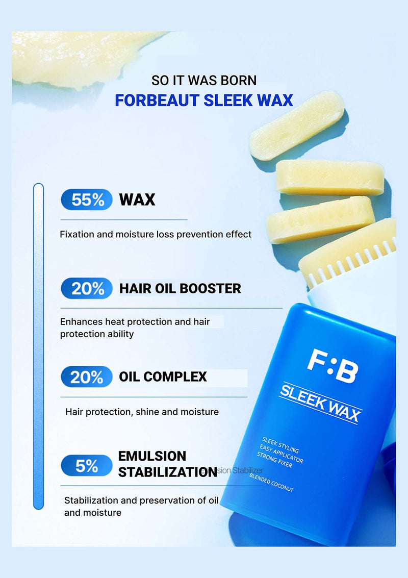 F:B Sleek Wax packaging with product details on a light blue background