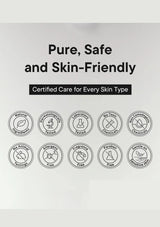Certification badges for pure, safe, and skin-friendly products on a light gray background.