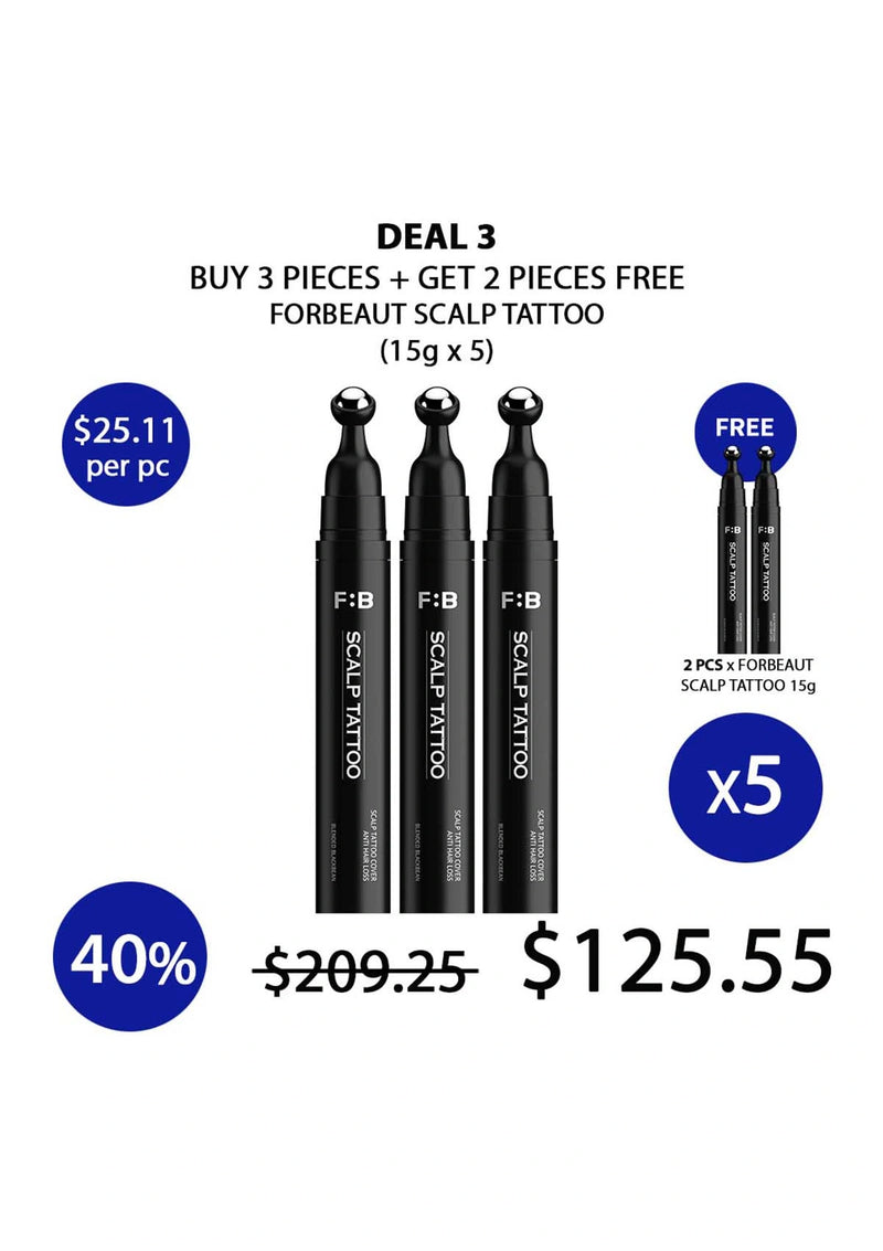 Promotional graphic for Forbeaut Scalp Tattoo with pricing and deal details on a white background.