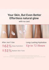 A promotional skincare graphic with text reading 'Your Skin, But Even Better Effortless natural glow with no cast.' above a row of arm/skin swatches showing before-and-after tone comparisons.